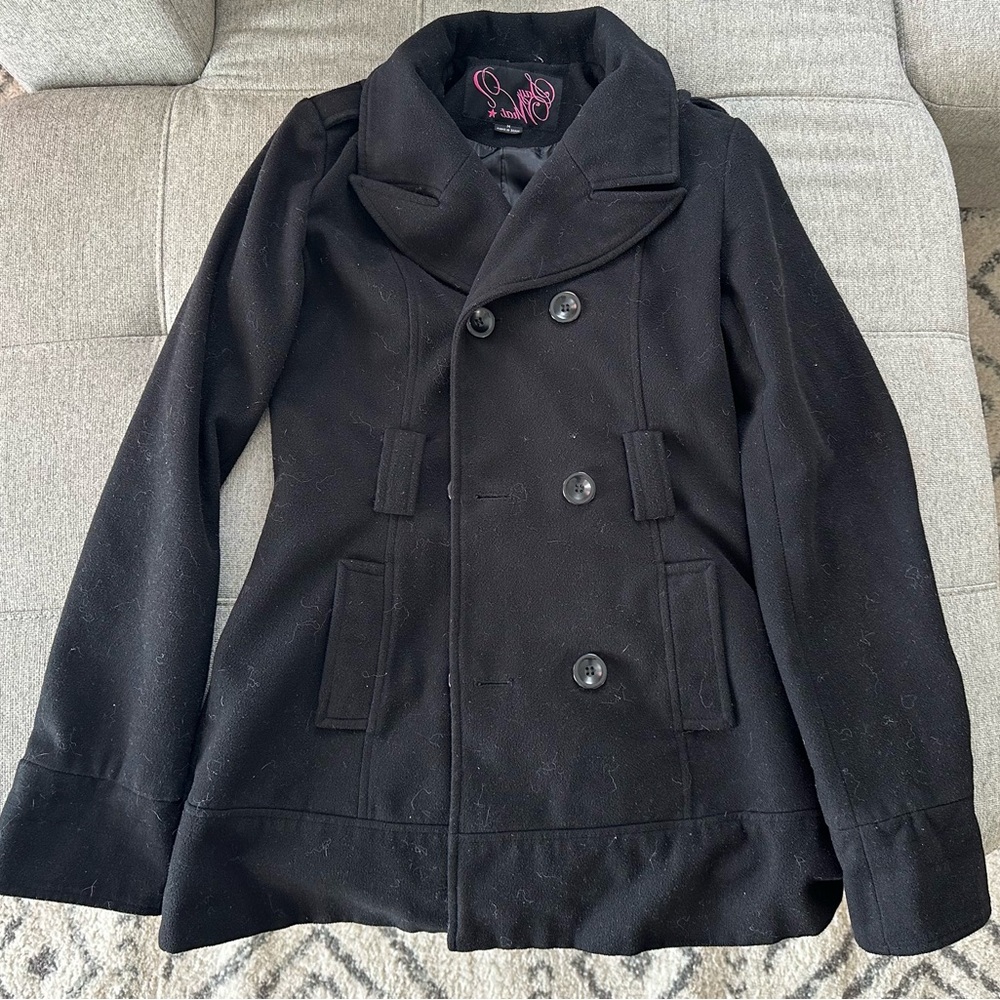 Black Double-Breasted Pea Coat with Wide Lapels
